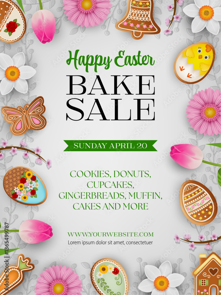 Fototapeta premium easter bake sale poster with gingerbread cookies and flowers