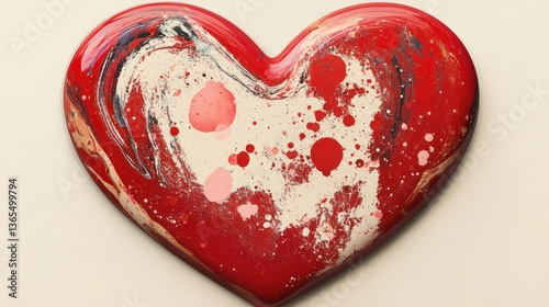 A glossy, red heart shape with swirling, marbled patterns of beige and pink, accented with dark spots.