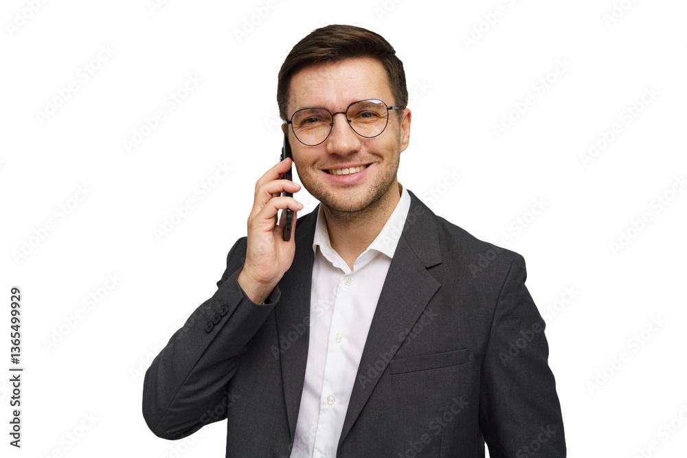 Professional man in suit smiling while talking on phone in a studio setting during daytime Professional man in suit smiling while talking on phone in a studio setting during daytime