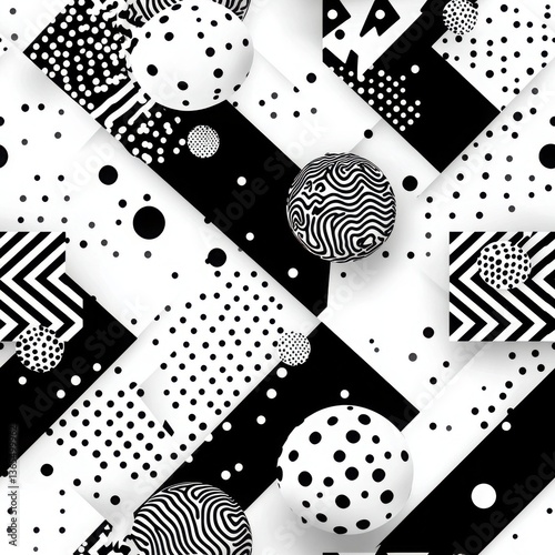 Dynamic Abstract Black and White Pattern with Geometric Shapes, Dots, and Lines in Modern Design