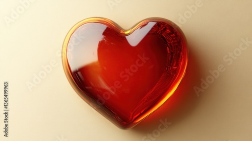 A glossy, vibrant red heart-shaped glass object sits on a light beige surface.