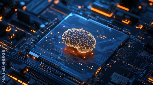 A glowing human brain graphic design on top of a circuit board.