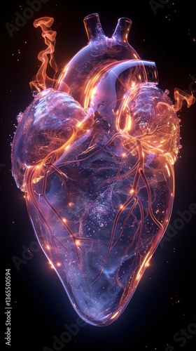 A glowing, translucent heart, seemingly burning with inner fire, vibrant colors and ethereal smoke.