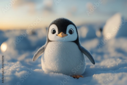 Cute Young Penguin Standing on Ice With a Shimmering Background at Sunset