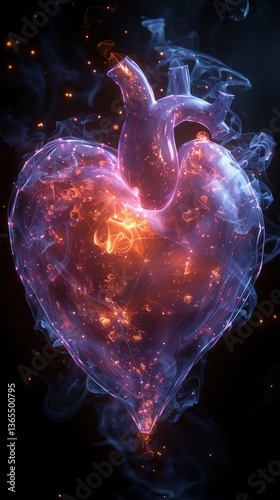 A glowing, translucent heart shape, seemingly made of smoke and fire, with inner light and heat effects.