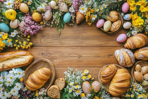 Colorful Easter Eggs and Freshly Baked Bread Arranged on a Wooden Table With ...