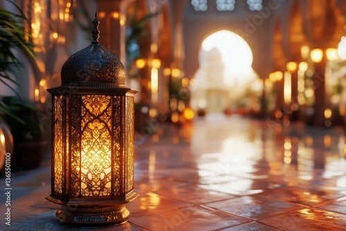 Warm Glow of Ornate Lantern in Serene Courtyard During Sunset