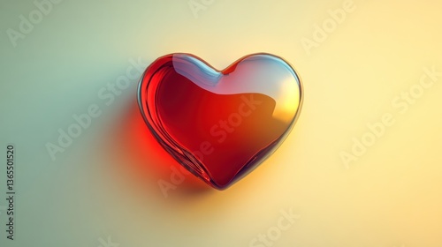 A glossy, translucent red heart, with a warm, gradient light effect, sits on a pale background.
