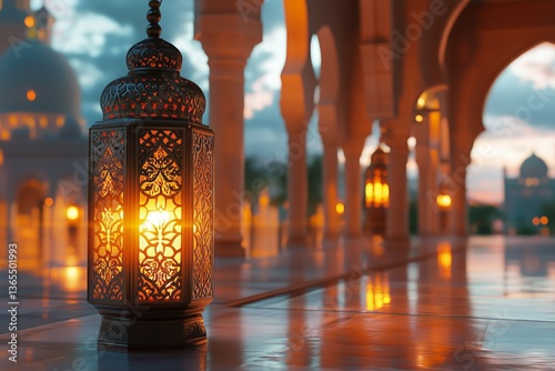 Elegant Lantern Illuminates Tranquil Courtyard at Dusk in a Historic Setting