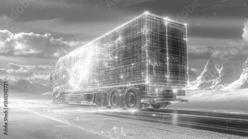 A grayscale digital rendering of a semi-truck trailer with global network connections, moving on a winter road with mountains in the background..