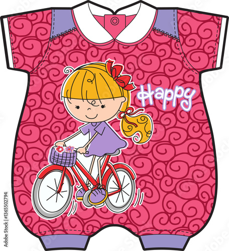 Cute Baby Overalls with Happy Girl on Bicycle Designs