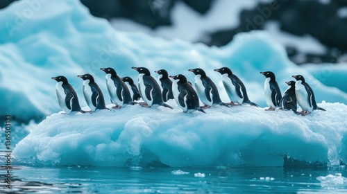 A group of penguins resting on an ice floe in icy water.