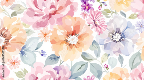 Beautiful seamless pattern with watercolor gentle colorful flowers. Stock illustration