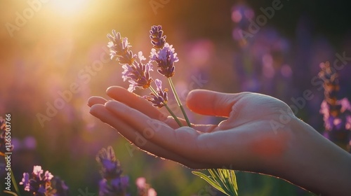 A hand holding a bunch of lavender flowers in a field at sunset.