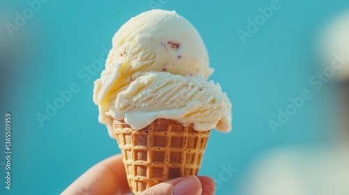 A hand holds a waffle cone with two scoops of melted vanilla ice cream with chocolate chips.