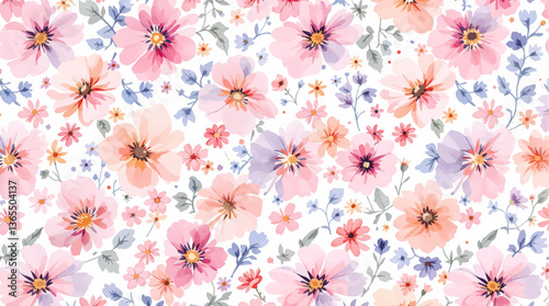 Beautiful seamless pattern with watercolor gentle colorful flowers. Stock illustration