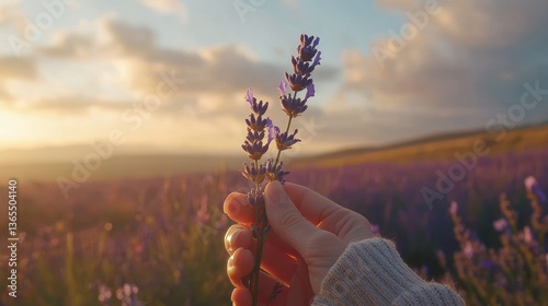 A hand holds a lavender sprig at sunset over a lavender field.
