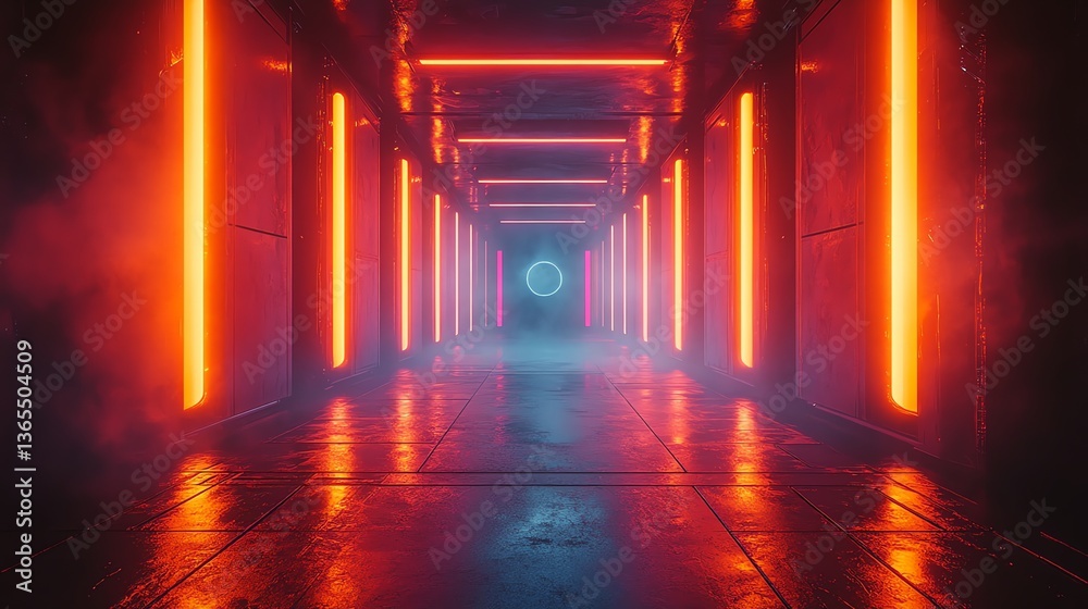 Naklejka premium Illuminated Futuristic Corridor with Neon Lights and Smoke Effects Background