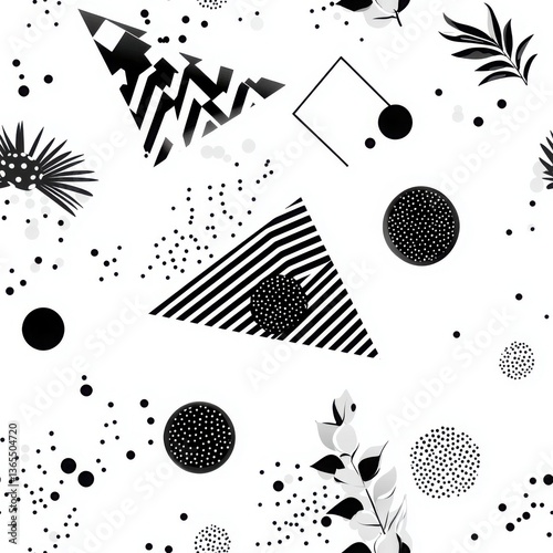 Abstract Monochrome Pattern Featuring Geometric Shapes and Organic Elements on a White Background
