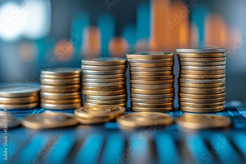 Stacks of Coins Positioned in Front of Financial Market Graphs During Trading...