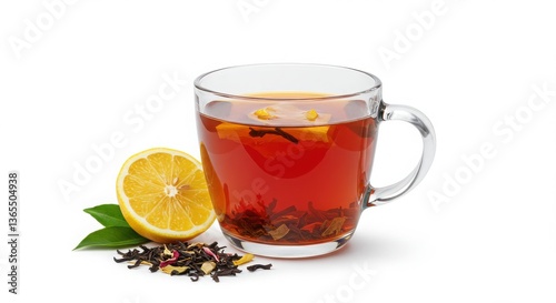 A warm cup of inviting black tea with lemon, perfect for a relaxing afternoon, shown in a clear glass mug against a bright white background.