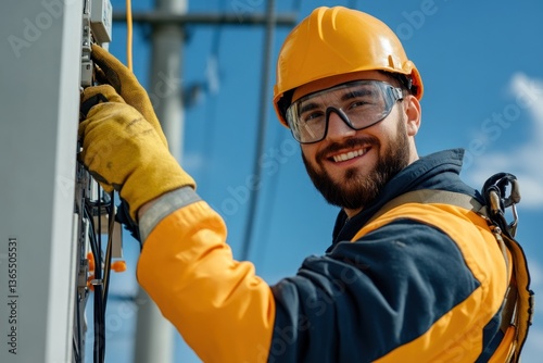Electrical worker smiles on the job