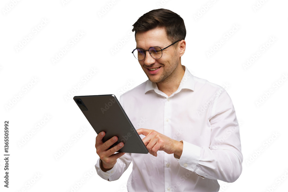 Man smiling while using a tablet in a bright setting, demonstrating modern technology and engagement Man smiling while using a tablet in a bright setting, demonstrating modern technology and engagement