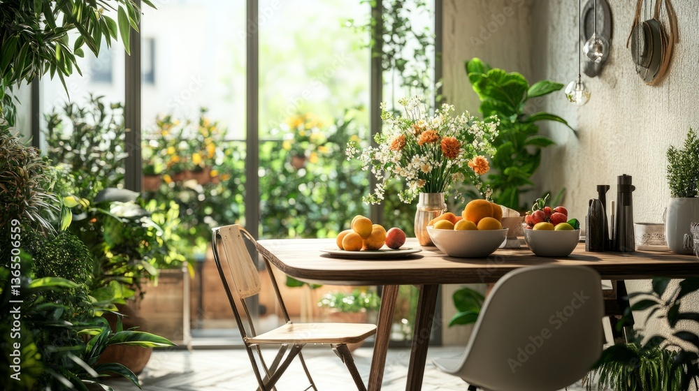 Obraz premium Cozy terrace interior with a wooden table, elegant chair, lush plants, and a vase of fresh flowers by a big window. Styled with fruits, tableware, and personal accessories.