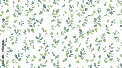 Watercolor pattern green leaves white background	
