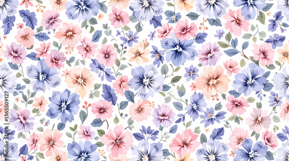 Fototapeta premium Beautiful seamless pattern with watercolor gentle colorful flowers. Stock illustration