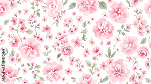 Beautiful seamless pattern with watercolor gentle pink flowers. Stock illustration
