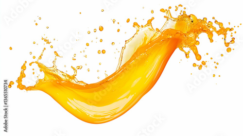 A vivid splash of orange liquid forming a dynamic wave shape, with droplets scattering on a white background. Captures motion, freshness, and energy.