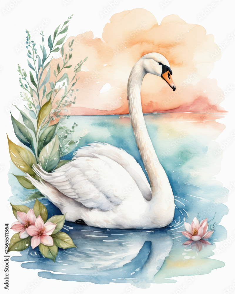 Obraz premium Elegant swan in watercolor with serene water and soft pastel colors embodies tranquility and beauty