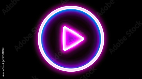 A neon illuminated play button glows vibrantly in darkness