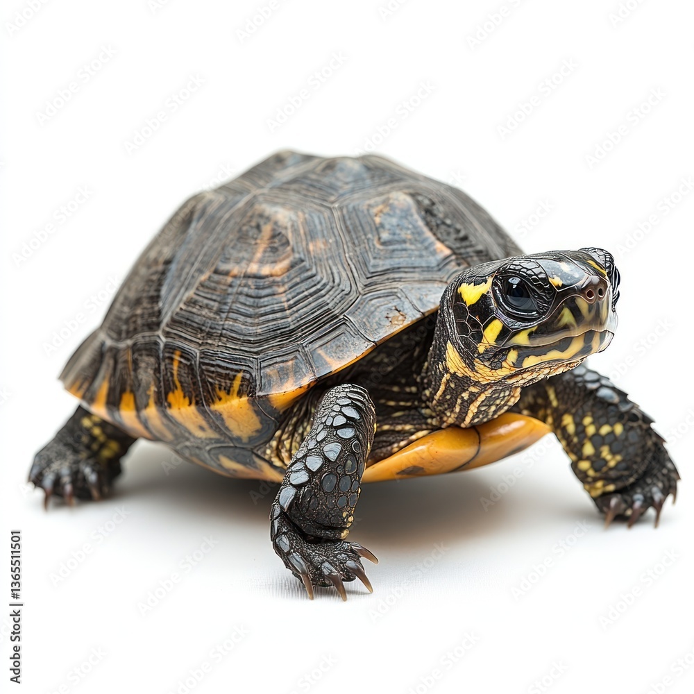 A small turtle, dark brown and yellow patterned shell, in profile view, isolated on white background. A small turtle, dark brown and yellow patterned shell, in profile view, isolated on white background.