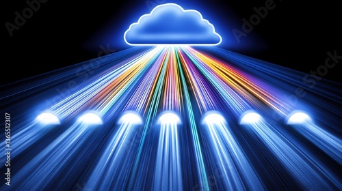 Glowing cloud transmitting data down to multiple connected terminals