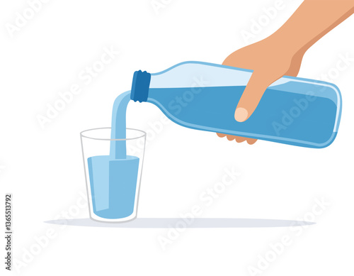 Hand holding and pouring water from bottle to glass on white background