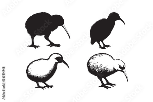 Kiwi Bird Silhouette Set Vector Illustration