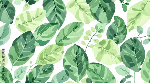 Watercolor pattern green leaves white background	