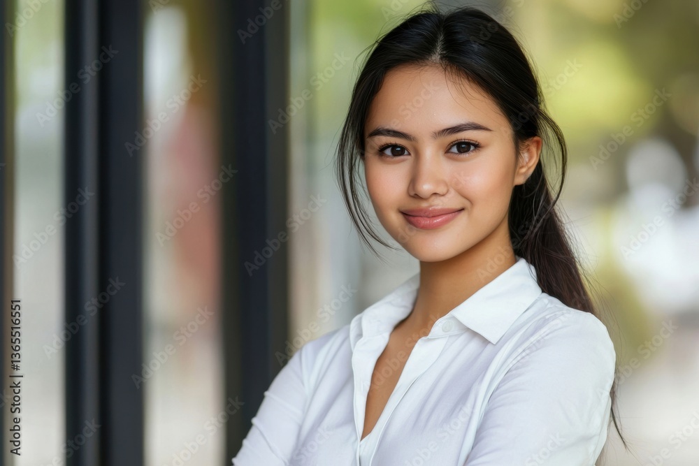 Business woman in white shirt standing confidently with arms crossed in office setting Business woman in white shirt standing confidently with arms crossed in office setting