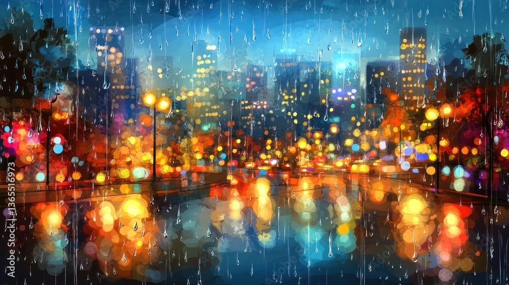 Obraz premium A vibrant, digital painting of a city street drenched in a rain shower, with colorful reflections on the wet pavement, and illuminated buildings at night.
