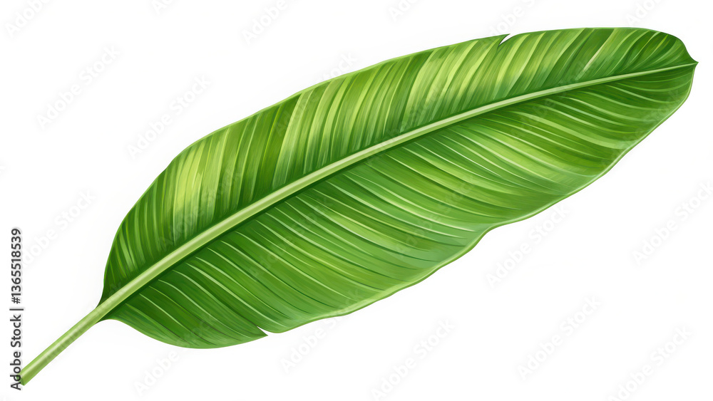 Fototapeta premium A large, vibrant green banana leaf with prominent veins and a smooth texture, displayed against a white background. The leaf is elongated with a slight curve, showcasing its natural beauty and rich.