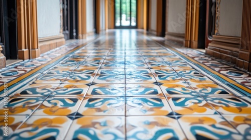 A vintage hallway with a patterned tile floor. 