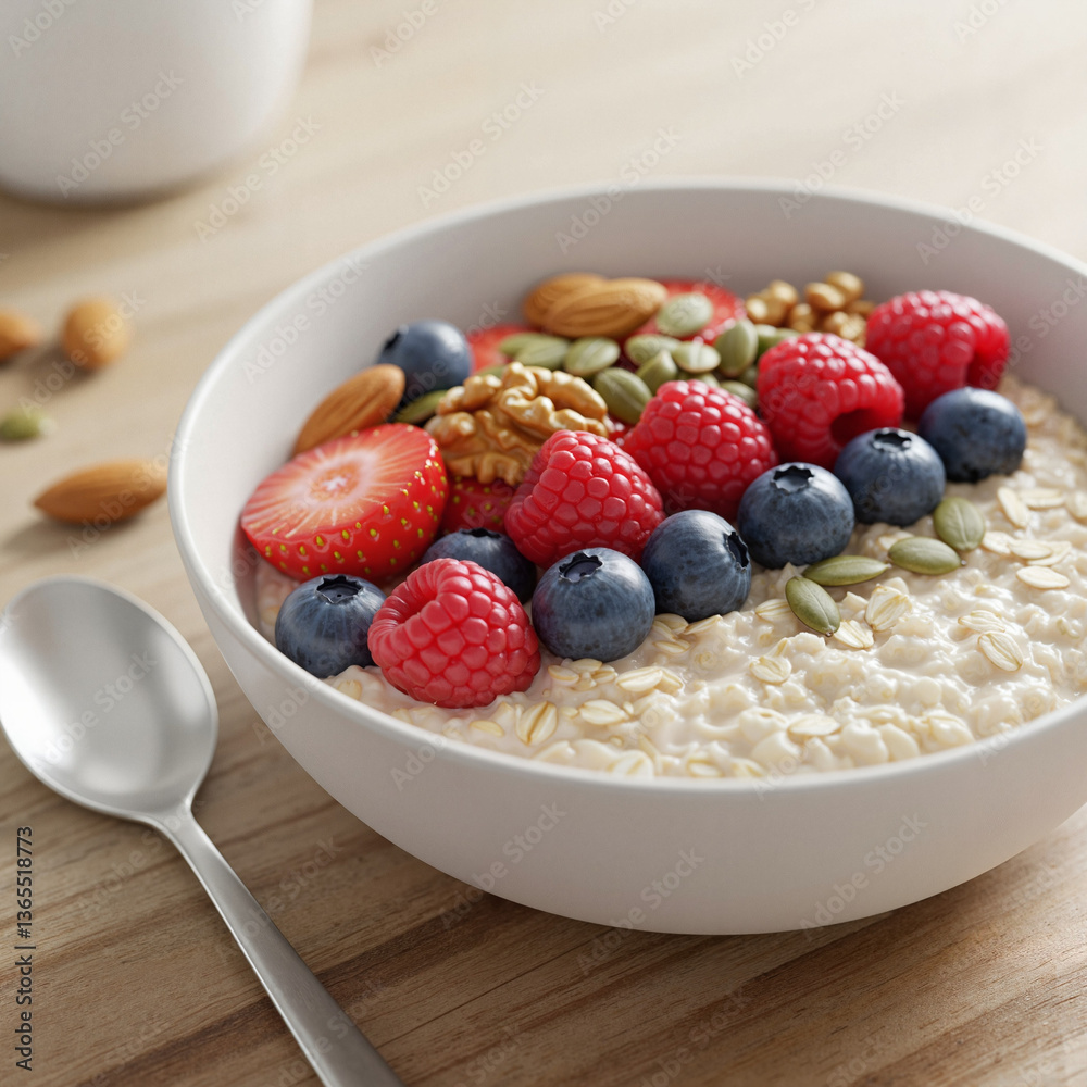 Healthy oatmeal bowl topped with berries and nuts on wooden table Healthy oatmeal bowl topped with berries and nuts on wooden table