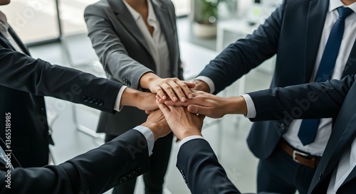 A group of diverse people standing in a circle, placing their hands together in the center as a symbol of unity and teamwork. 