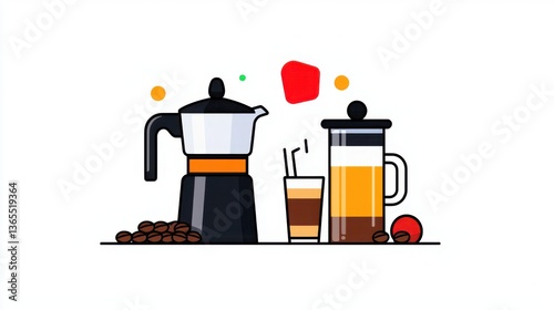 Stylized Illustration of Coffee Brewing Equipment Including Moka Pot and French Press with Iced Coffee
