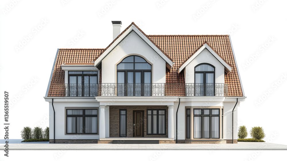 Elegant residential house with red roof and large windows on white background Elegant residential house with red roof and large windows on white background