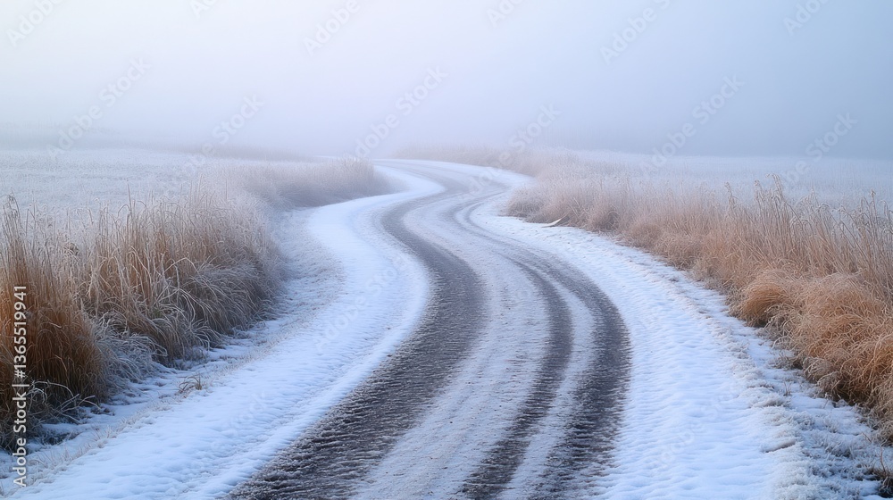 Obraz premium A winding snowy country road through a misty field, covered in frost.