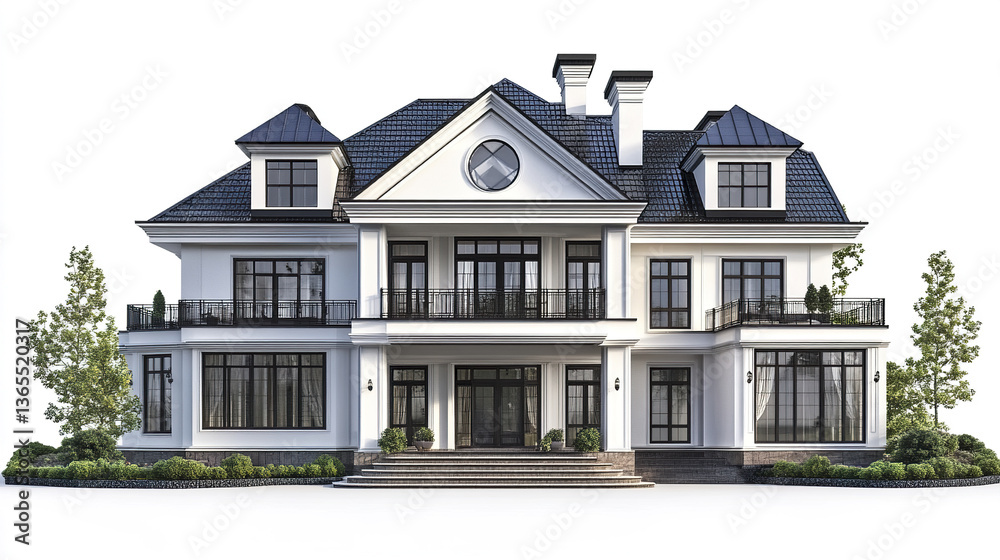 Elegant residential house with classic architecture and lush greenery Elegant residential house with classic architecture and lush greenery