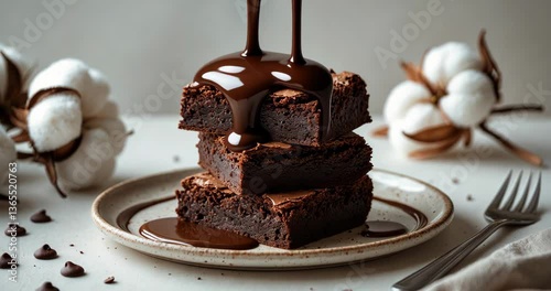Chocolate brownies on a ceramic dish with drizzling melted chocolate sauce on a light backdrop. Homemade baked goods.